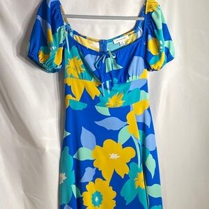 Blue Floral Puff Sleeve Midi Dress | Square Neck | Polyester